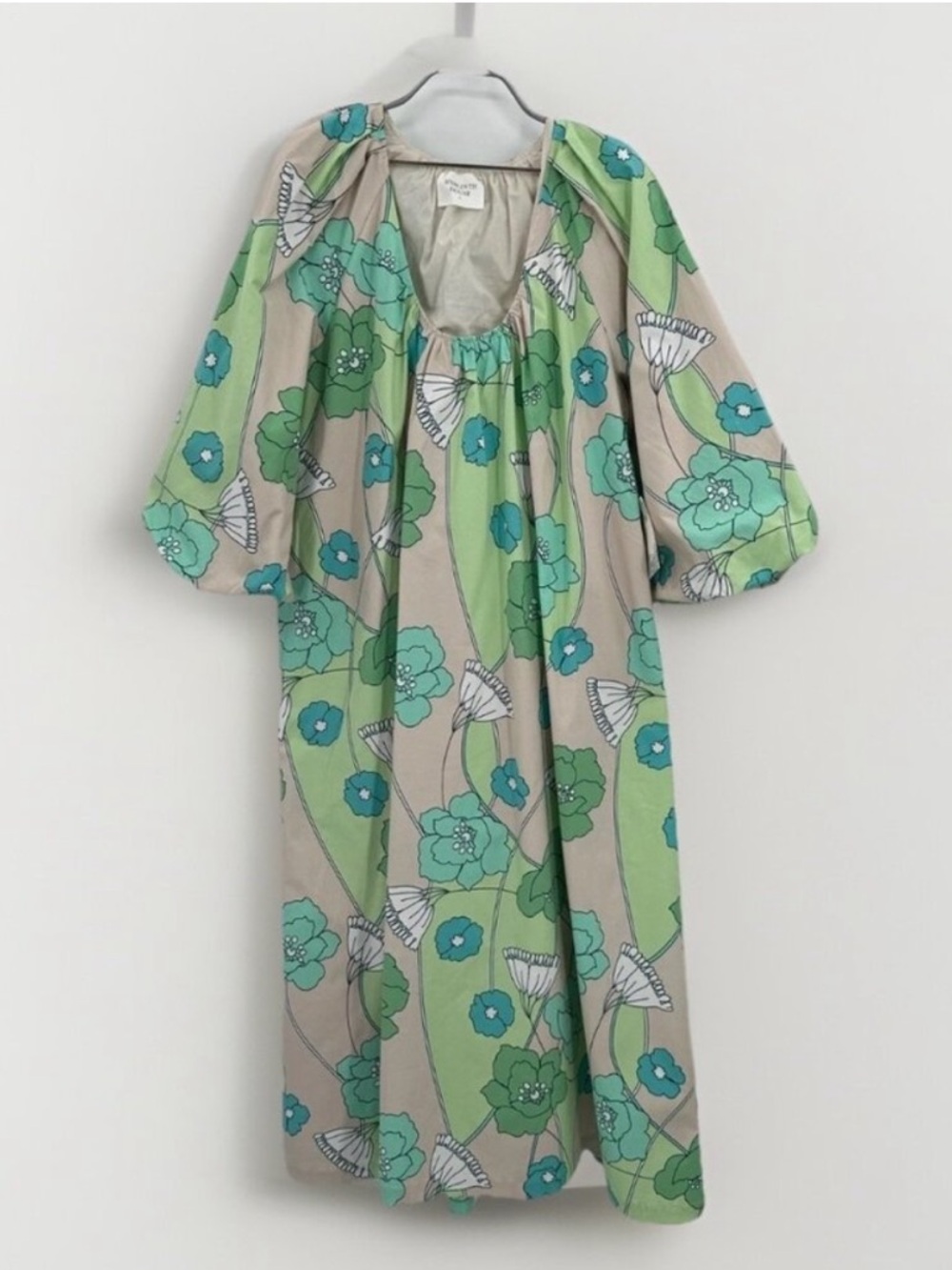 Floral Green Midi Dress with Elastic Scoop Neck